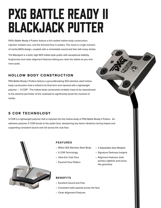 RIGHTY - NEW PXG Battle Ready II Blackjack Putter with M16 shaft, Plumber's Neck, 35", and Straight II PXG Grip