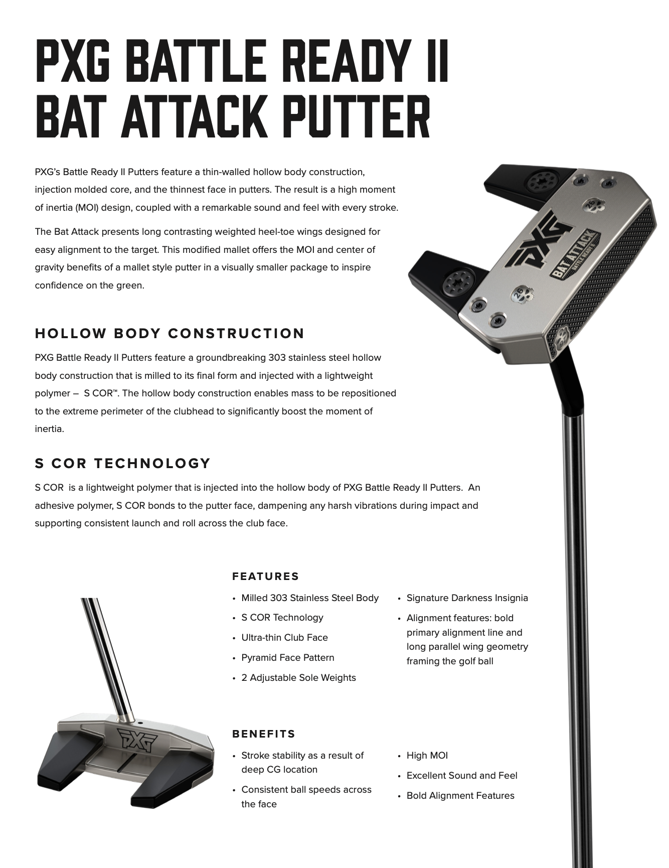 RIGHTY - NEW PXG Battle Ready II Bat Attack Putter with M16 shaft, Double Bend Hosel, 34", and Straight II PXG Grip